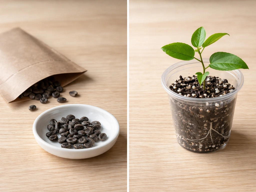 Split scene: passion flower seed in packet beside a small rooted passion plant cutting ready to pot.