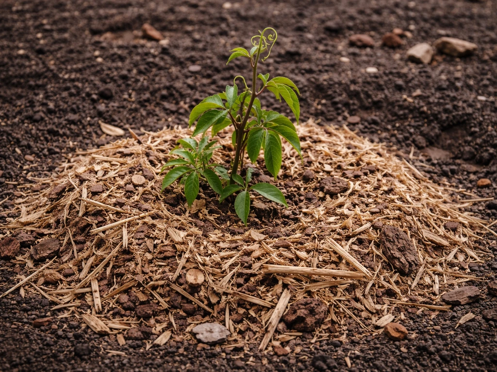 Mulch layered around the base of a passion flower vine for winter protection.