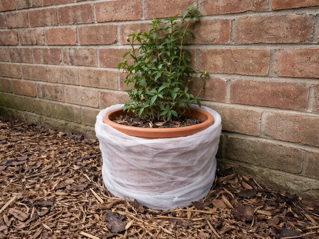 Potted passion flower tucked near a south-facing wall for winter frost protection, with bare mulch nearby.