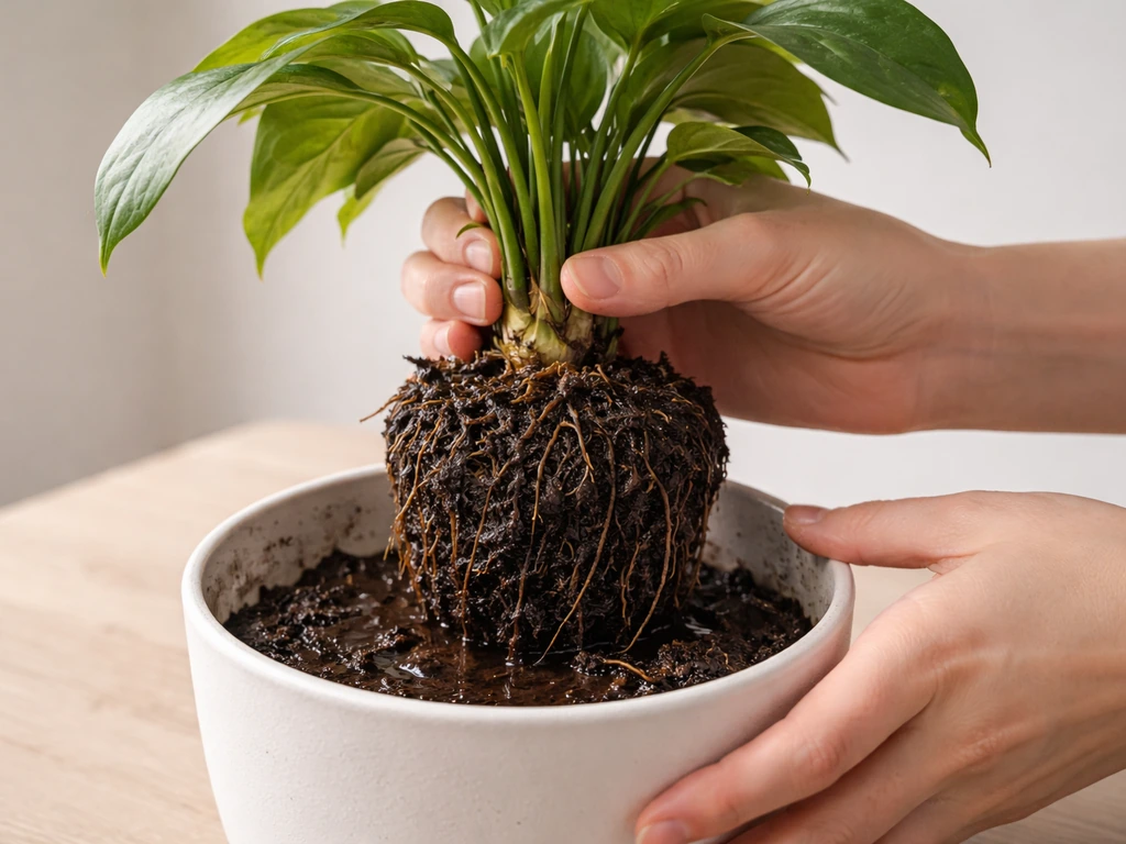 Hand gently lifting a potted plant showing damp, heavy compost and darkened roots near the stem base