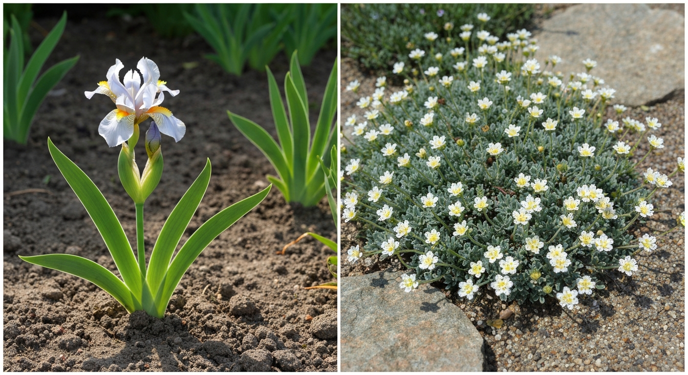 Split-view photo of dwarf bearded iris 'Cat's Eye' blooming (left) and mat-forming white Cryptantha wildflowers on gritty rocky soil (right).