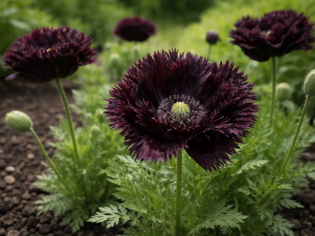 Dark, velvety black swan poppy blooms growing in a garden bed with green foliage in natural light.