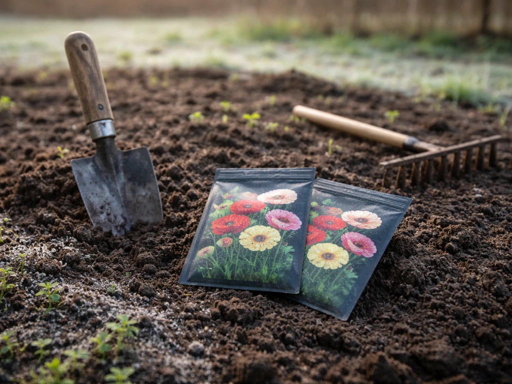 Black swan poppy seed packets on a small outdoor soil bed with early-spring planting tools