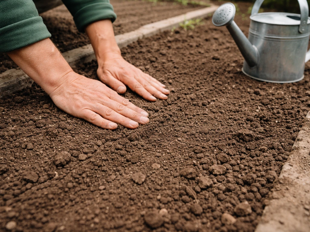 Raked, well-drained soil bed close-up with a watering can, showing a moist-but-not-soggy sowing surface.