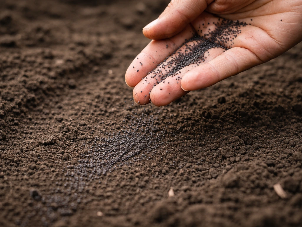 Close-up of hands sprinkling tiny poppy seeds onto smooth soil surface without burying them.
