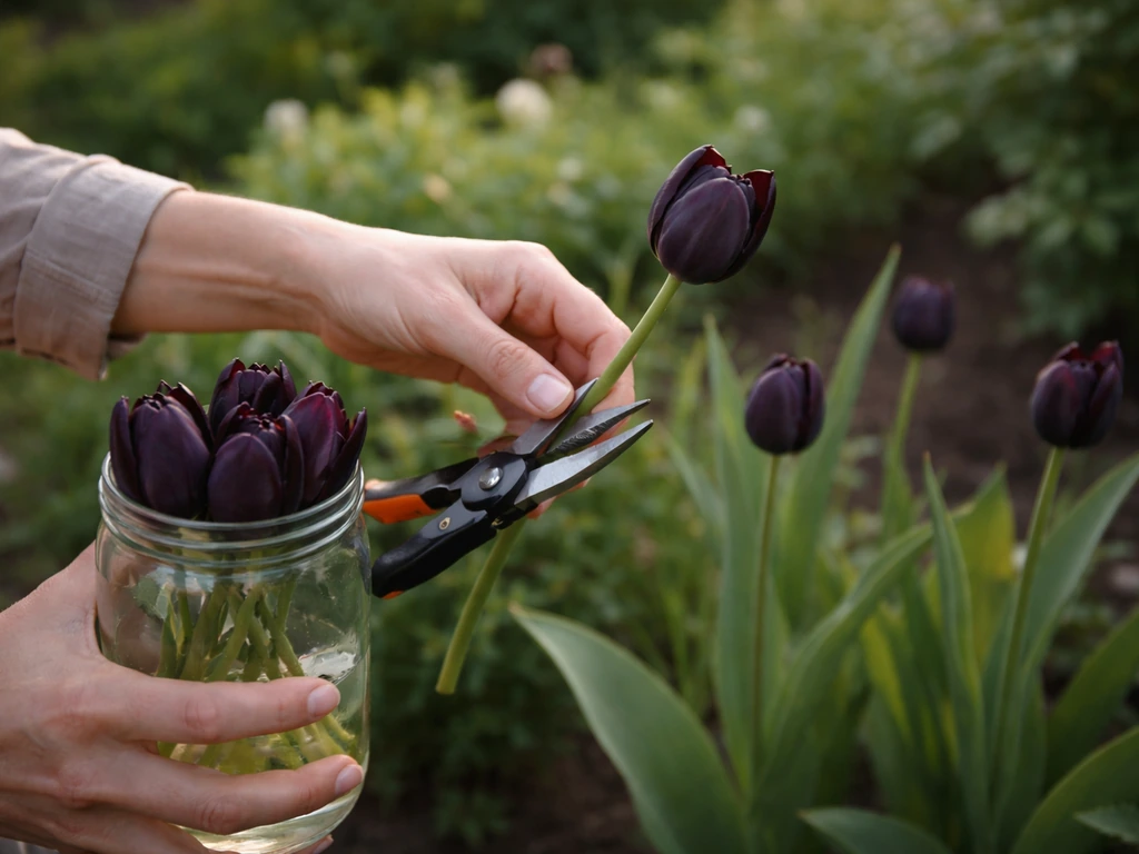 Gardener snips a just-opened Black Swan bloom for a cut arrangement, fresh stems held in a glass vase.