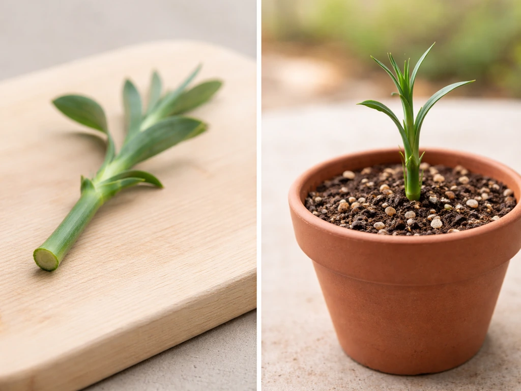 Carnation stem cutting shown with a fresh cut end and another cutting planted for rooting in soil.