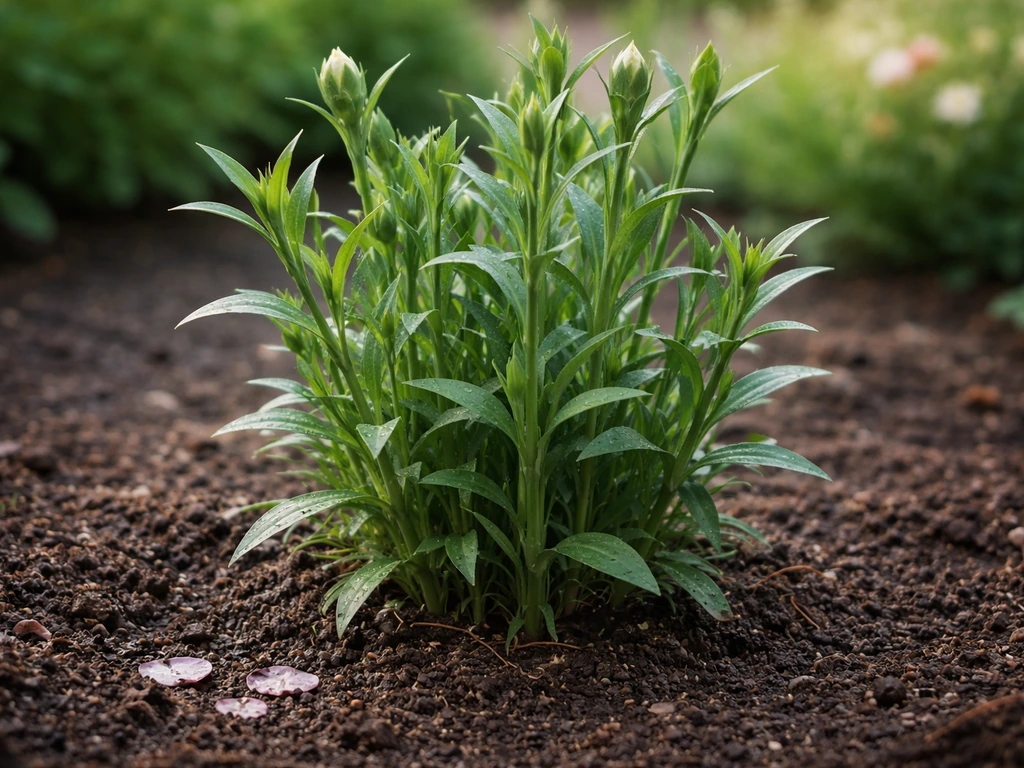 Close-up of a carnation plant with non-flowering side shoots in late spring to midsummer light