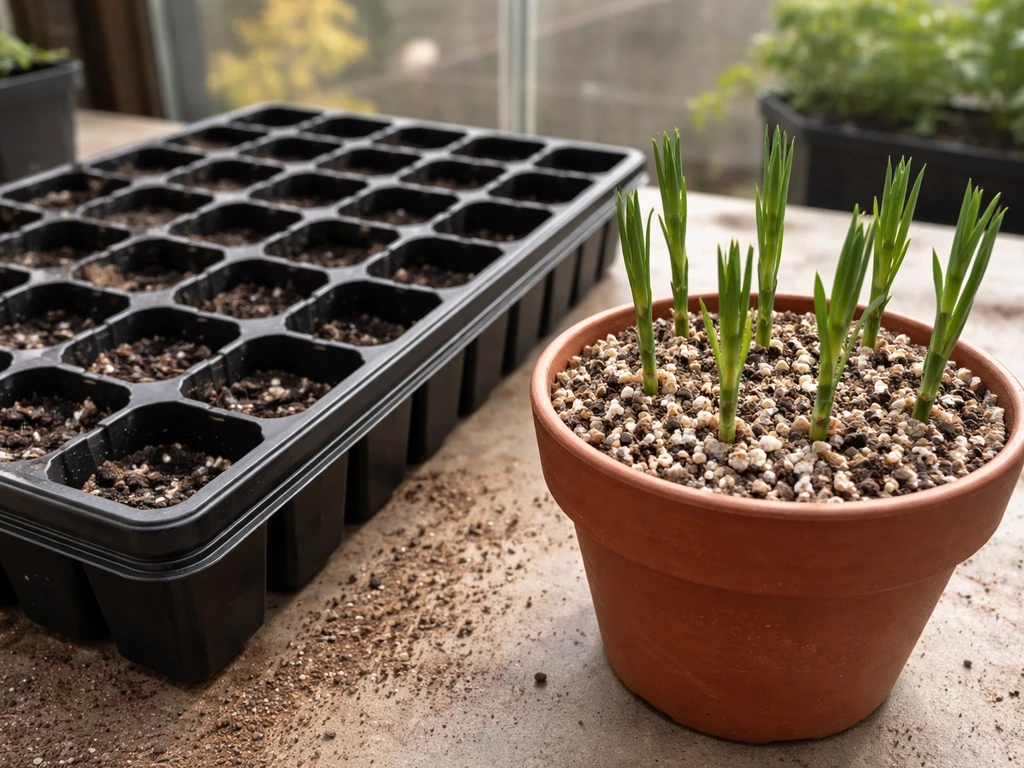 Close-up of carnation cuttings in a tray of gritty perlite and peat rooting mix.