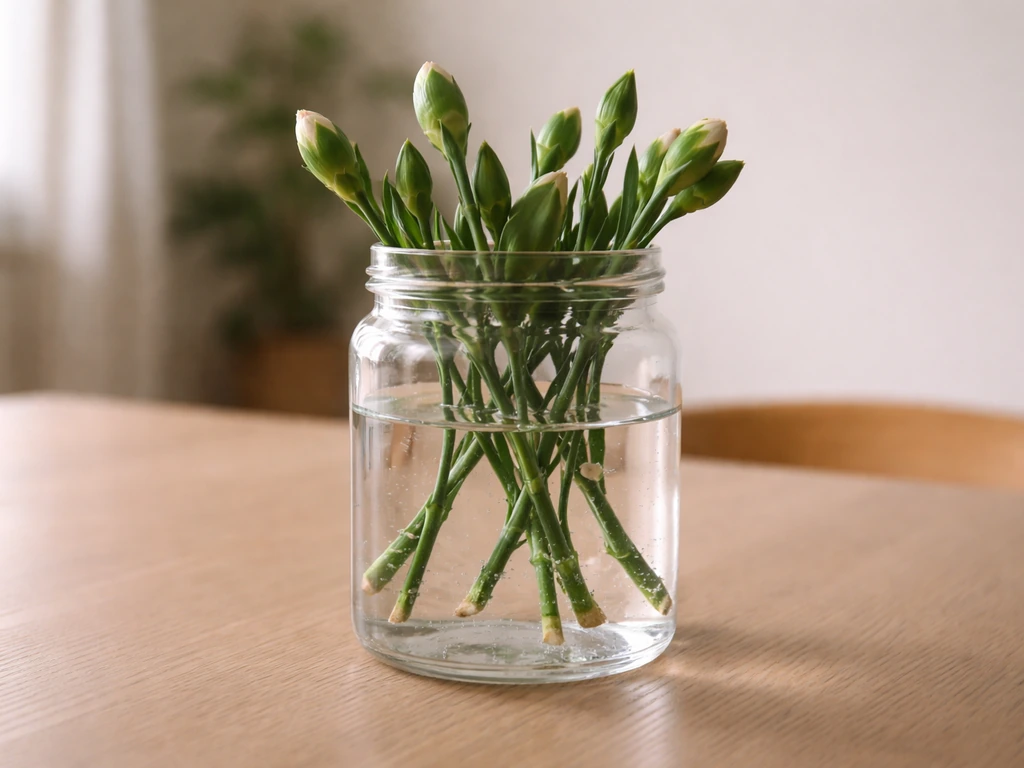 Clear glass jar with carnation cuttings submerged in water, leaves above the waterline.