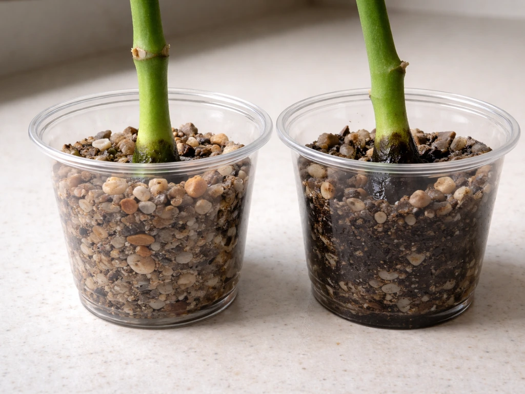 Two plant cuttings on soil: one healthy green base, one blackened rotting base showing excess moisture rot.