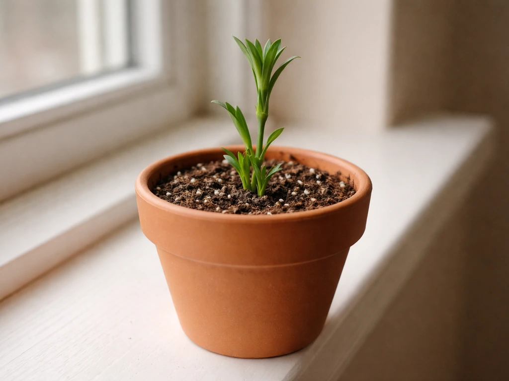 Rooted carnation cutting in a small pot under bright sunlight, showing fresh green growth.