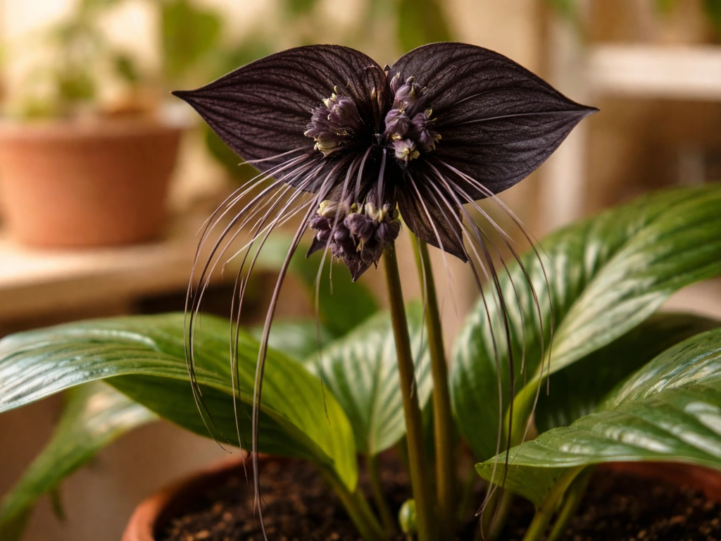 Close-up of a Tacca chantrieri bat flower indoors, featuring its dark velvety bat-like bracts.