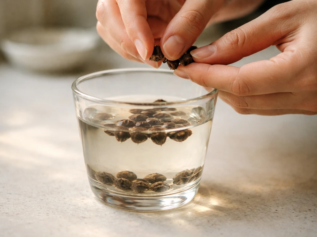Warm water cup with bat flower seeds soaking, hands placing seeds on a clean counter.