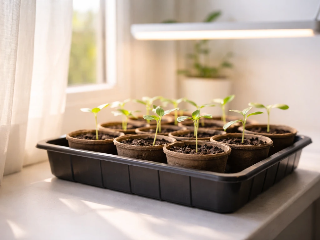 New seedling sprouts on a windowsill in bright indirect morning light, with a softly blurred grow light above.