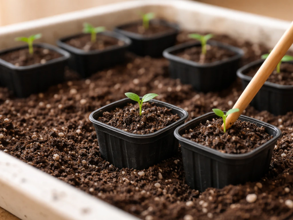 Tiny bat flower seedlings being separated into individual small pots with a pencil-like tool