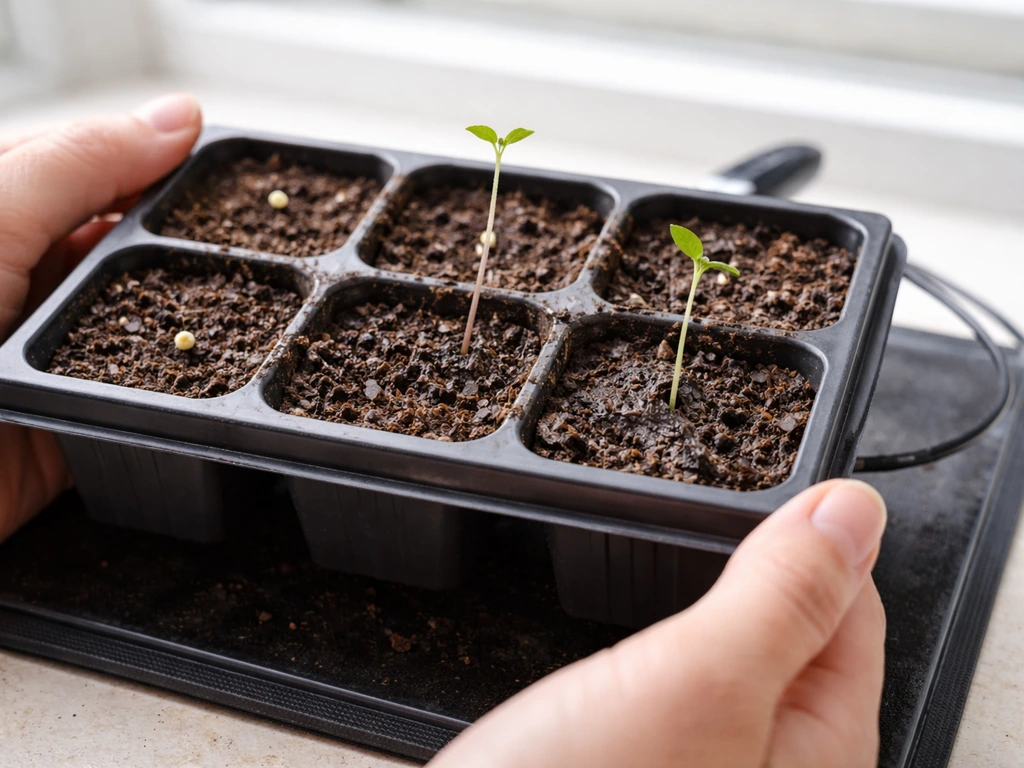 Hands show a seed tray with unsprouted seeds, leggy seedlings, and damp soil by a heat mat.