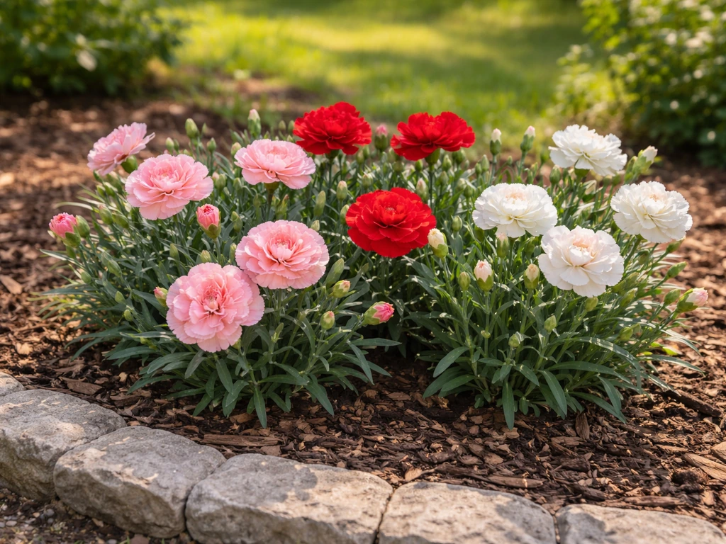 Colorful carnation flowers blooming in a sunny outdoor garden bed