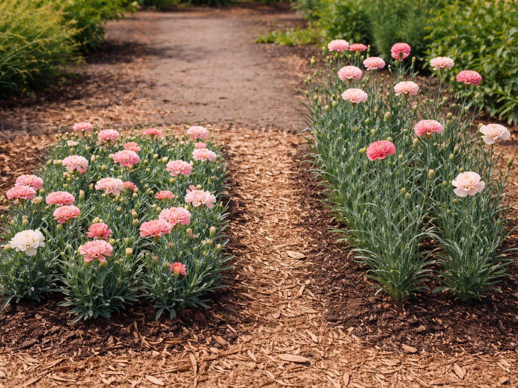 Two adjacent carnation garden beds showing short compact and taller varieties with visible spacing.