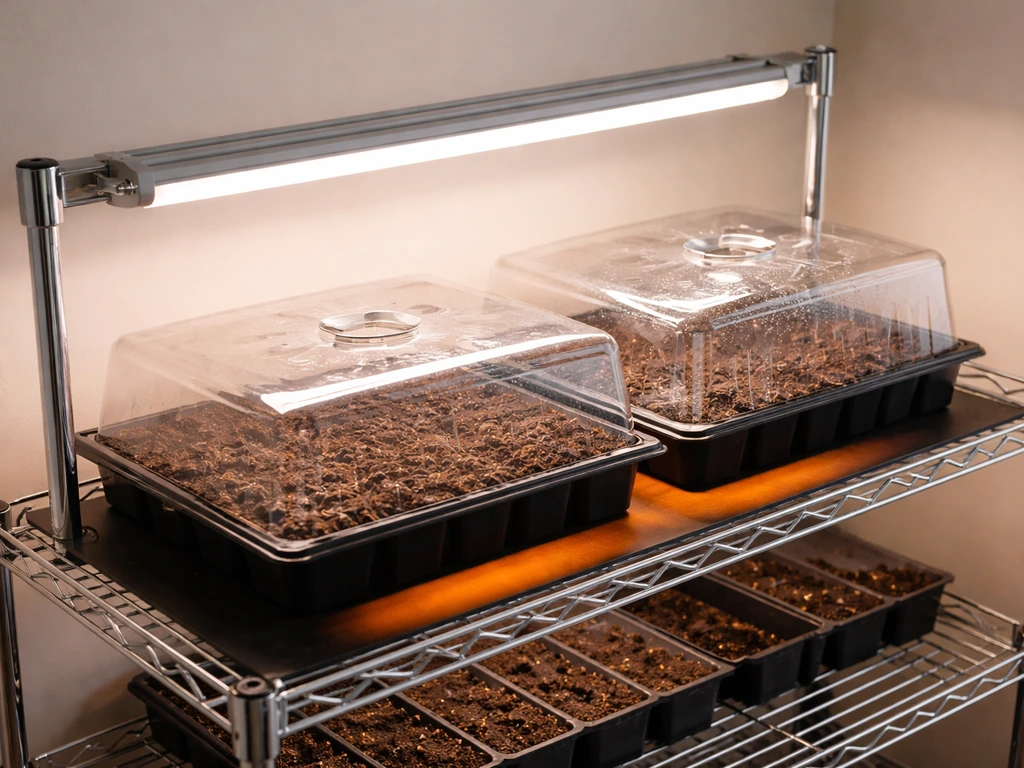 Seed trays with moist mix under grow lights, with a clear dome on top for warm carnation germination.