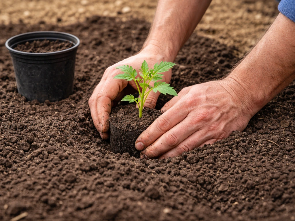 Gardener hands planting a green transplant in prepared soil, crown level aligned with pot depth