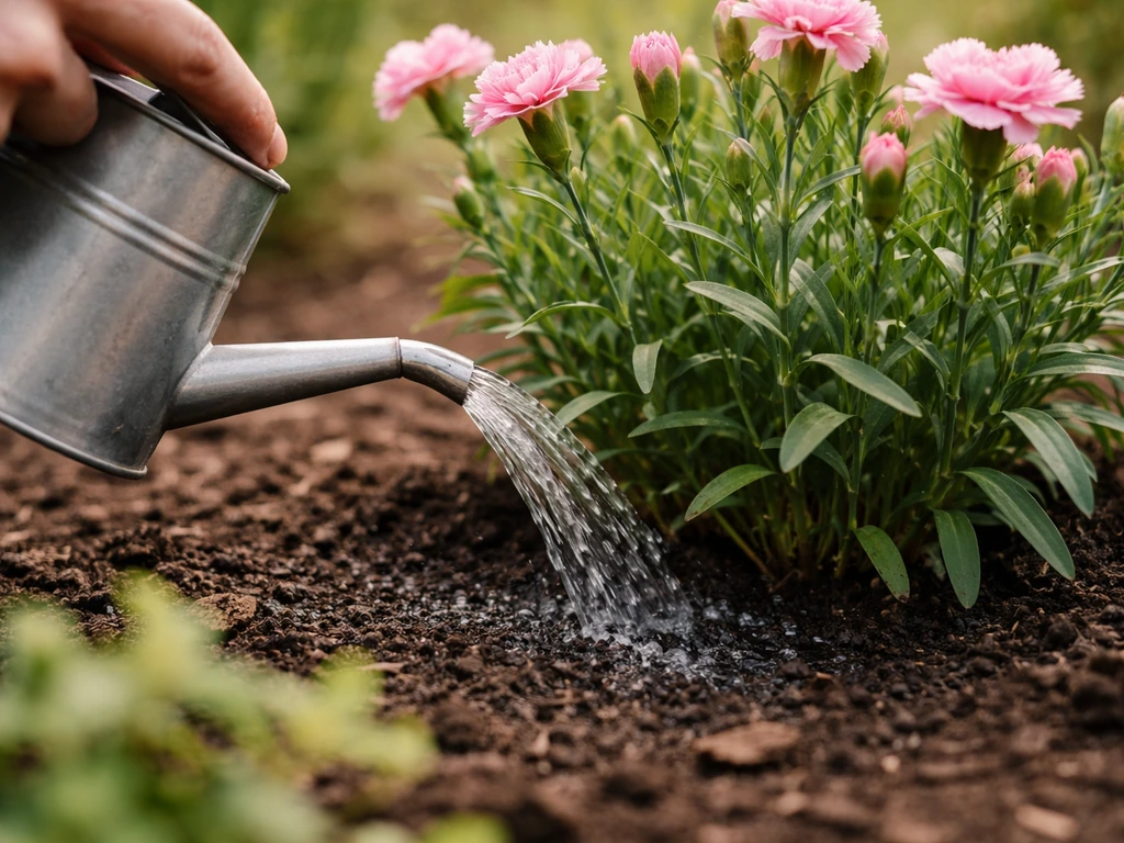 Close-up watering carnations at the soil base, foliage staying dry with a gentle stream