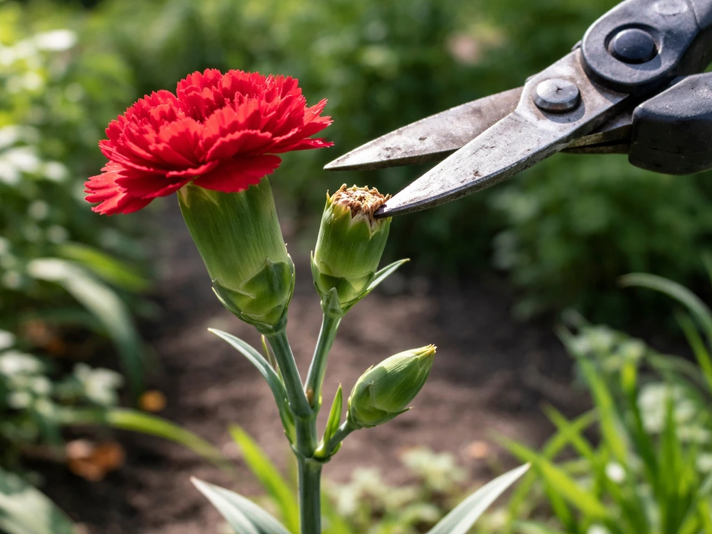 Close-up of a red carnation deadheaded with garden shears, showing a fresh bud ready to bloom.