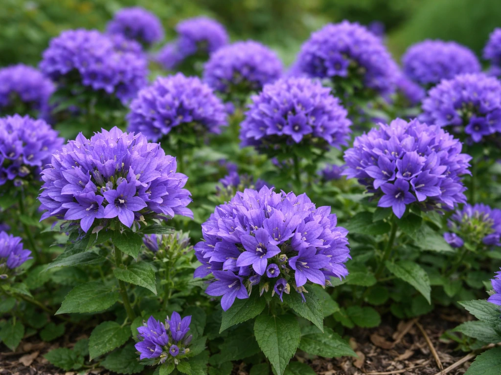 Dense rounded clumps of blue-violet clustered bellflower blooming closely in a garden bed.