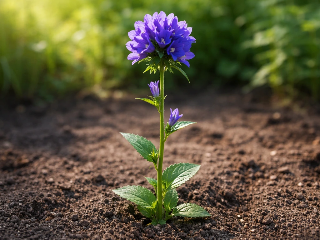 Clustered bellflower with upright stems and tight rounded purple blooms in a sunny garden bed