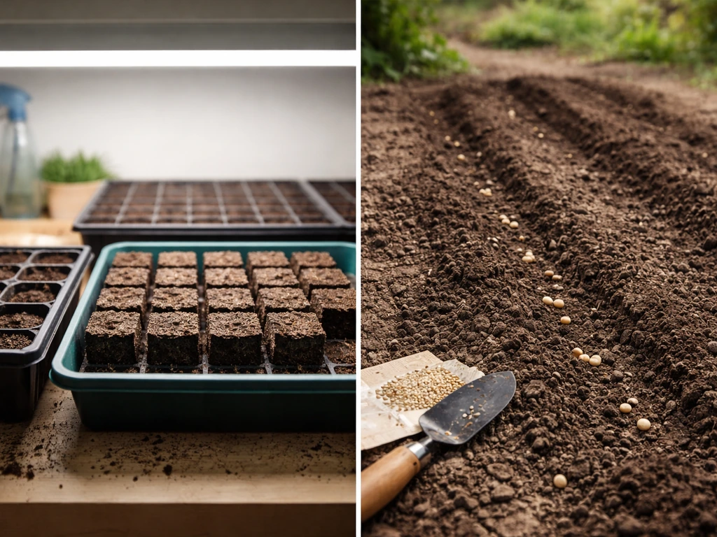 Split scene of indoor seed trays under grow lights and an outdoor garden bed ready for direct sowing.