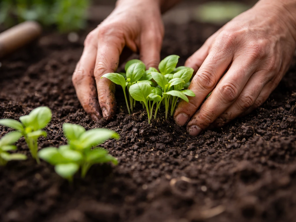 Closeup of seedlings planted at correct depth with crowns level in dense clumps in a garden bed.