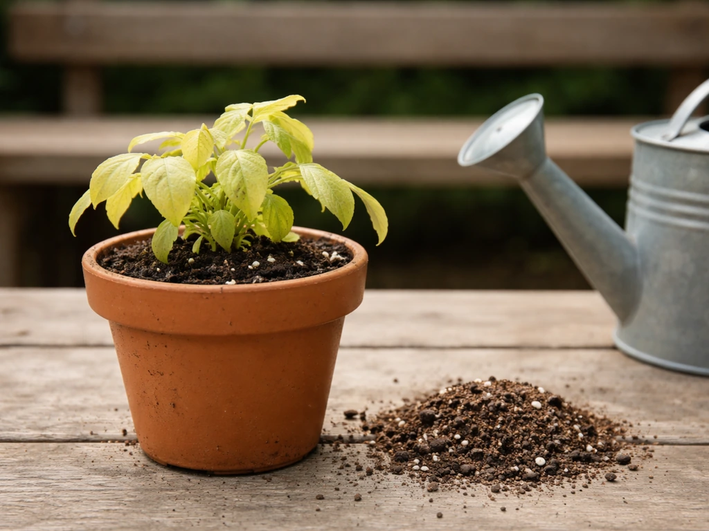 Garden container with yellowing bellflower leaves beside a watering can and dry soil, suggesting overwatering fix.