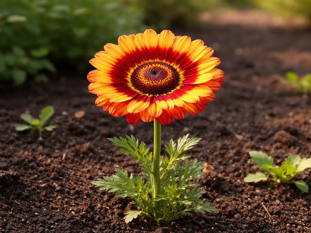 Vibrant Chrysanthemum carinatum blooming in a sunny garden bed with rich red-orange and yellow petals.
