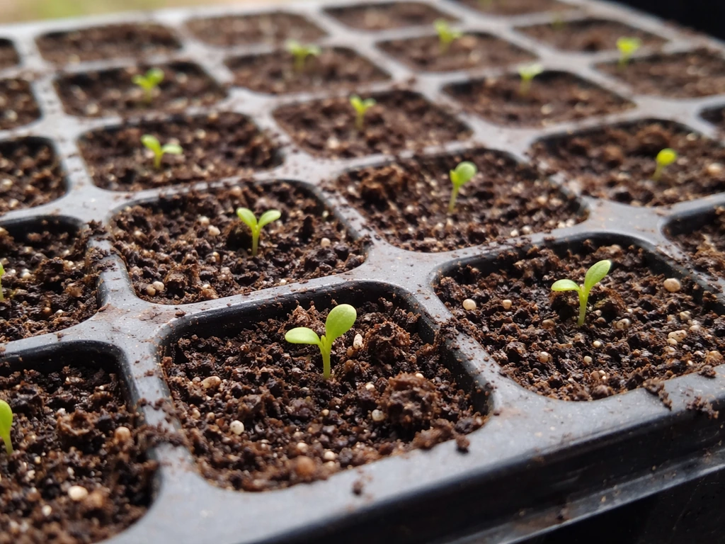 Close-up of Chrysanthemum carinatum seedlings emerging from a moist seed tray.