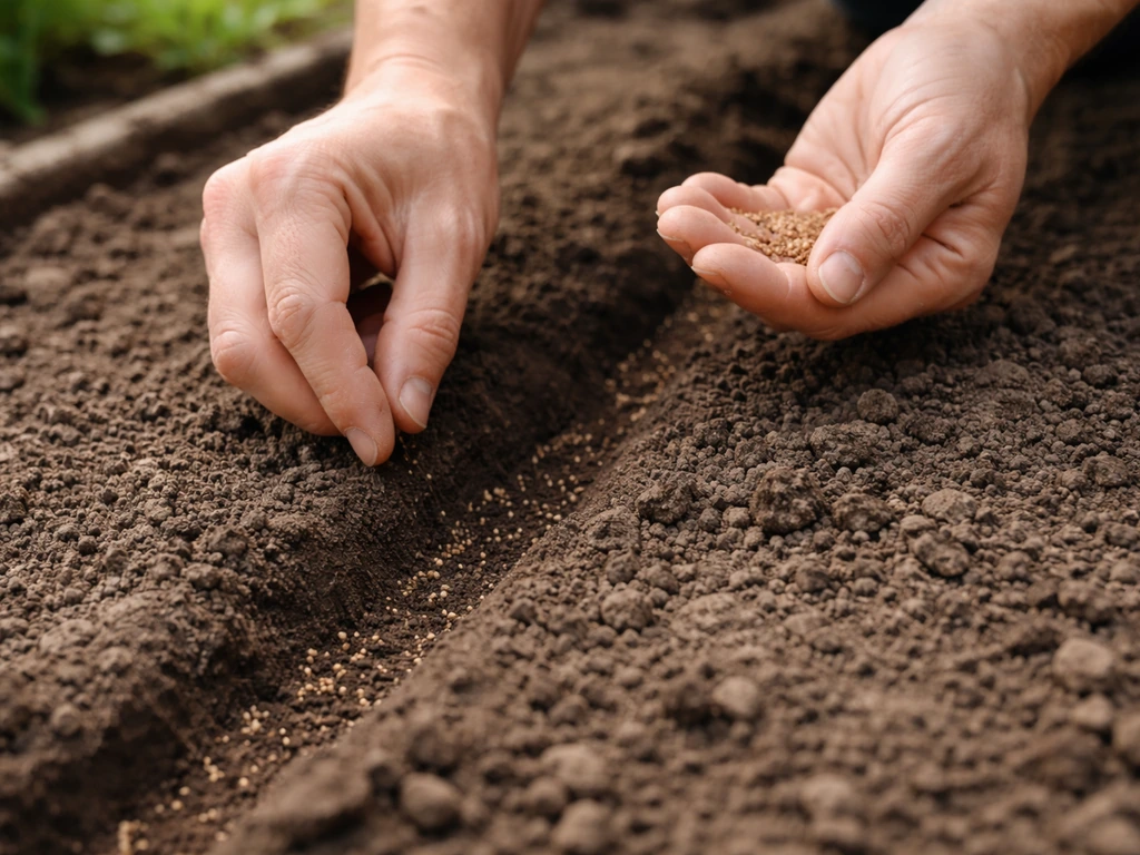Hands scattering tiny chrysanthemum seeds into loose garden soil in a shallow row bed