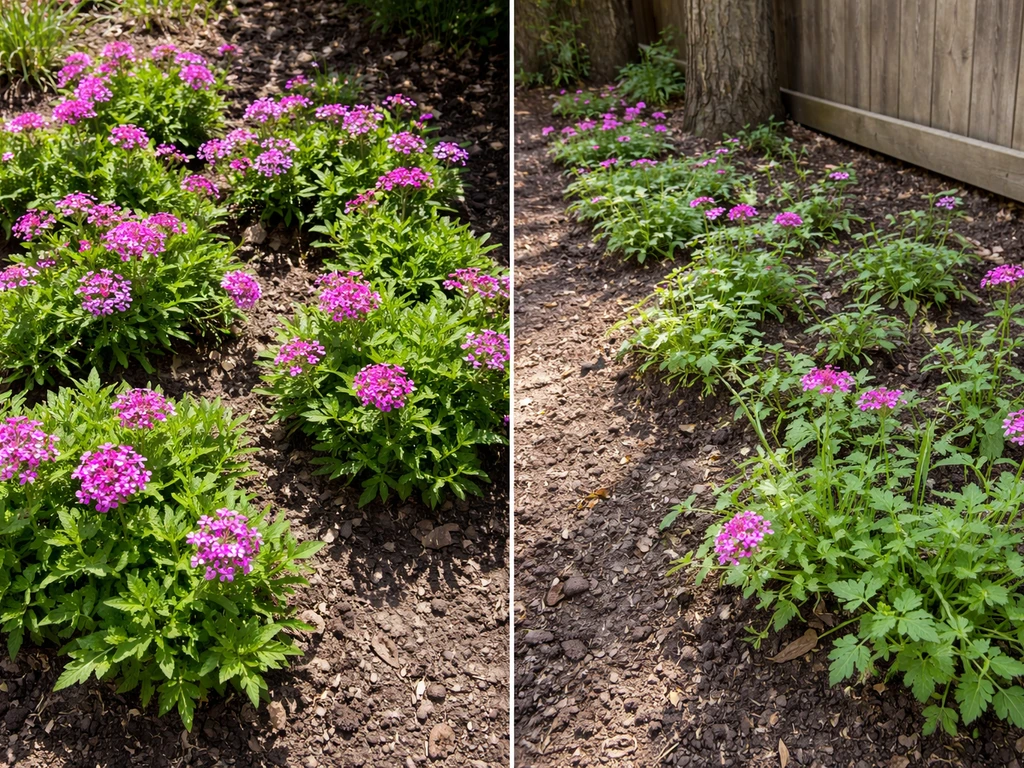 Garden bed split between bright full sun thriving plants and a shaded edge with leggier growth.