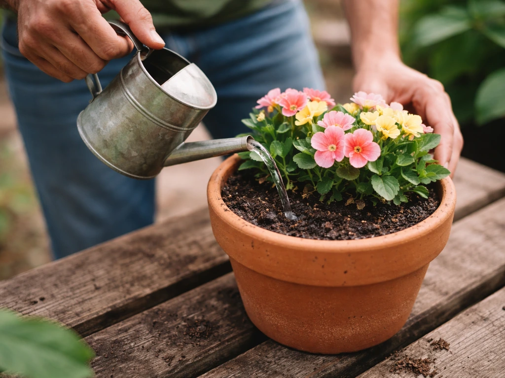 Anonymous gardener watering a small potted plant at the base with evenly moist soil.