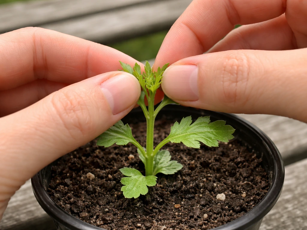 Hands gently pinch the top of a young chrysanthemum seedling above a set of leaves.