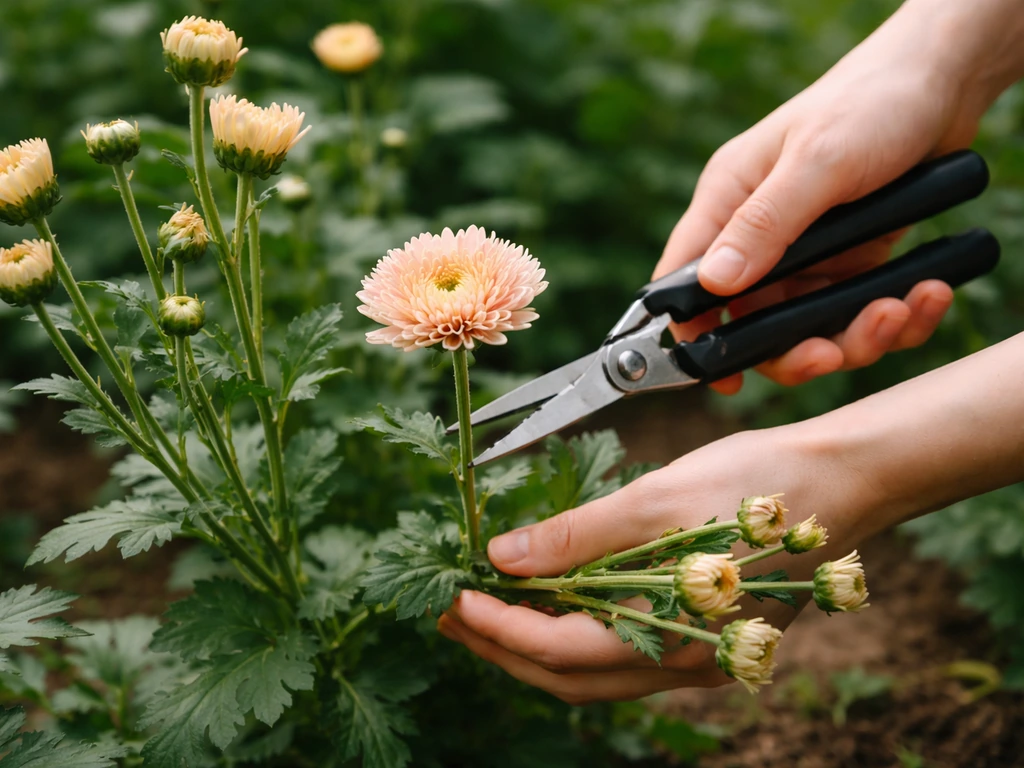 Hands cut a chrysanthemum stem with shears while the bloom is 40–50% open.