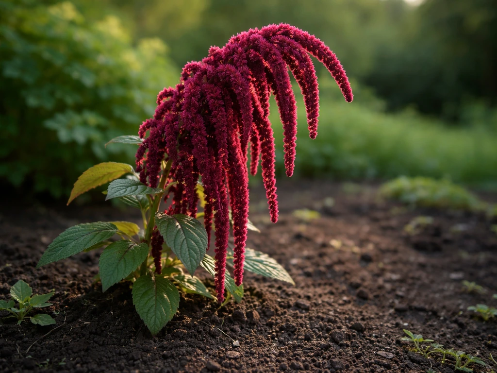 Velvet flower (Amaranthus caudatus) with long tassel-like plumes blooming in a garden bed.