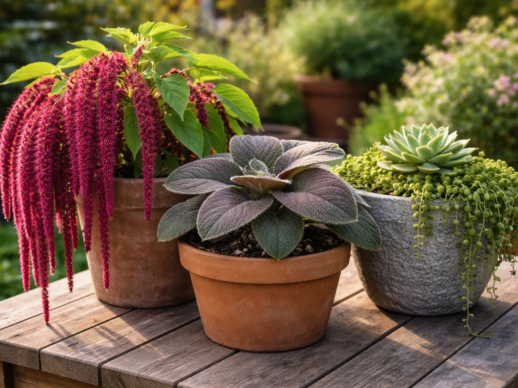 Three different potted plants called “velvet flower,” highlighting the feathery Amaranthus caudatus.