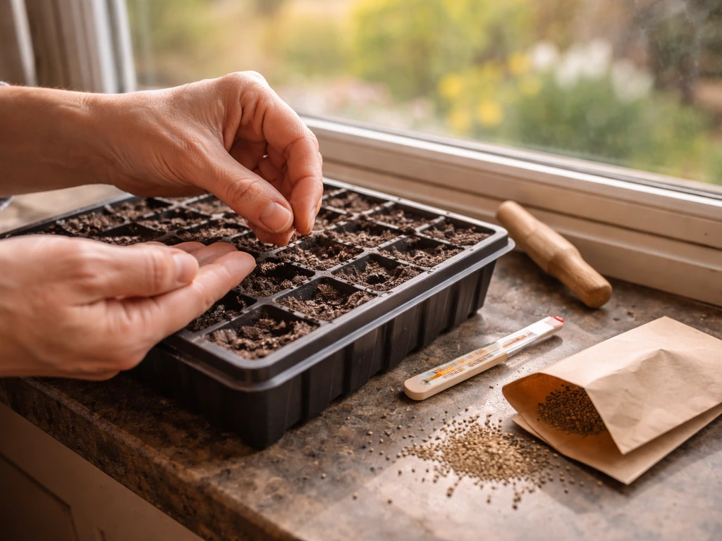 Anonymous hands sowing warm-season seeds in trays on a sunlit windowsill, hinting at timing and germination.