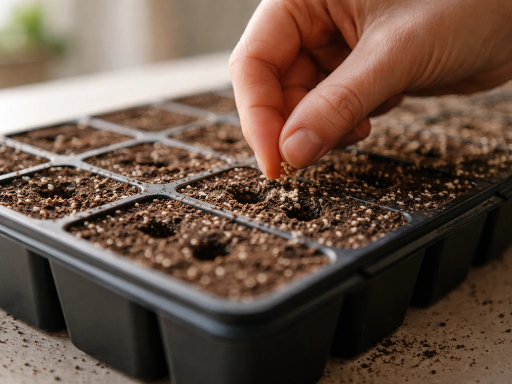 Close-up of cell trays with fine seed-starting mix and tiny amaranth seeds being sown into shallow holes.