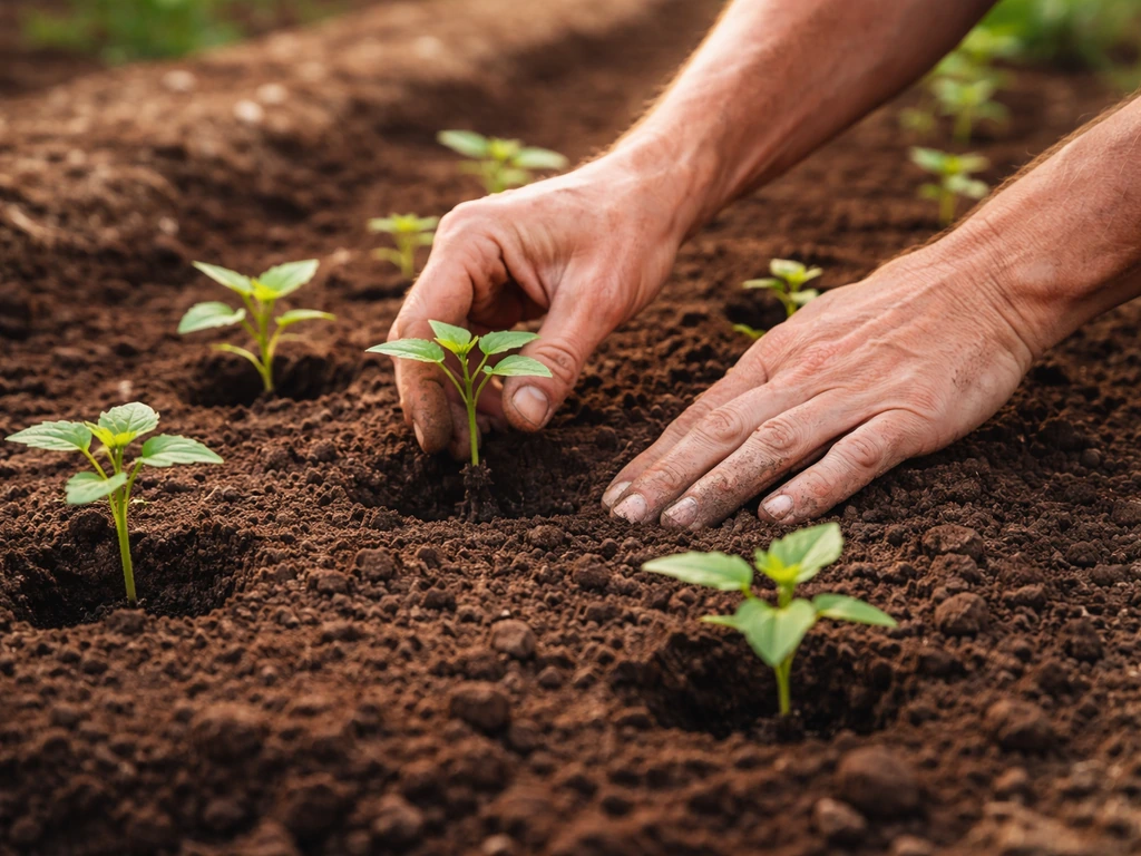 Hardened-off Amaranthus seedlings being planted into a garden bed on a cloudy day, with soil and hands visible.