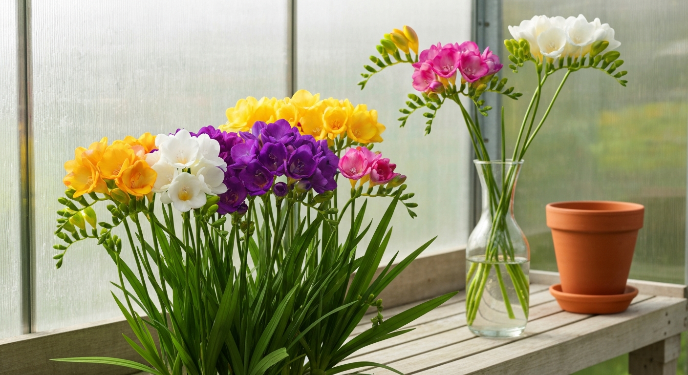 Mixed-colour freesia stems in a vase on a greenhouse bench, cool natural light, shallow depth of field, showing long stems and trumpet-shaped flowers.