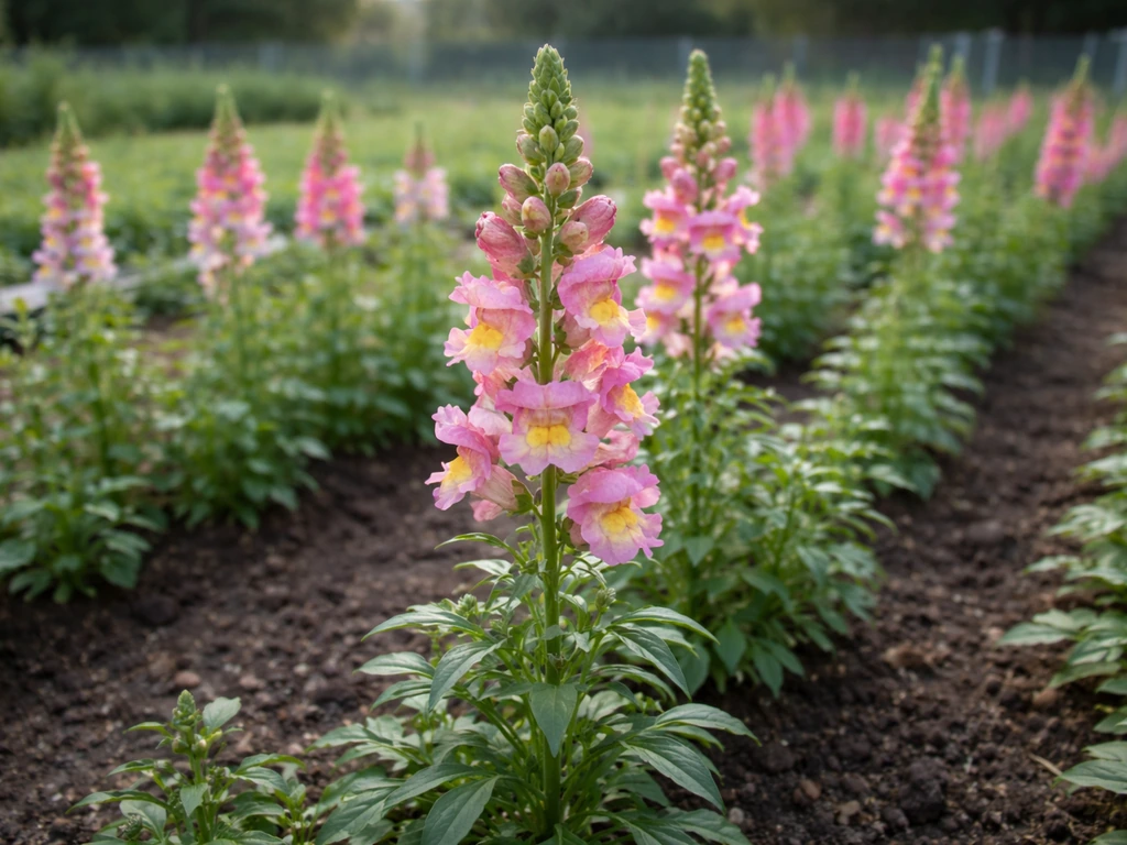 Tall snapdragon flower spikes growing in a cool-season garden bed