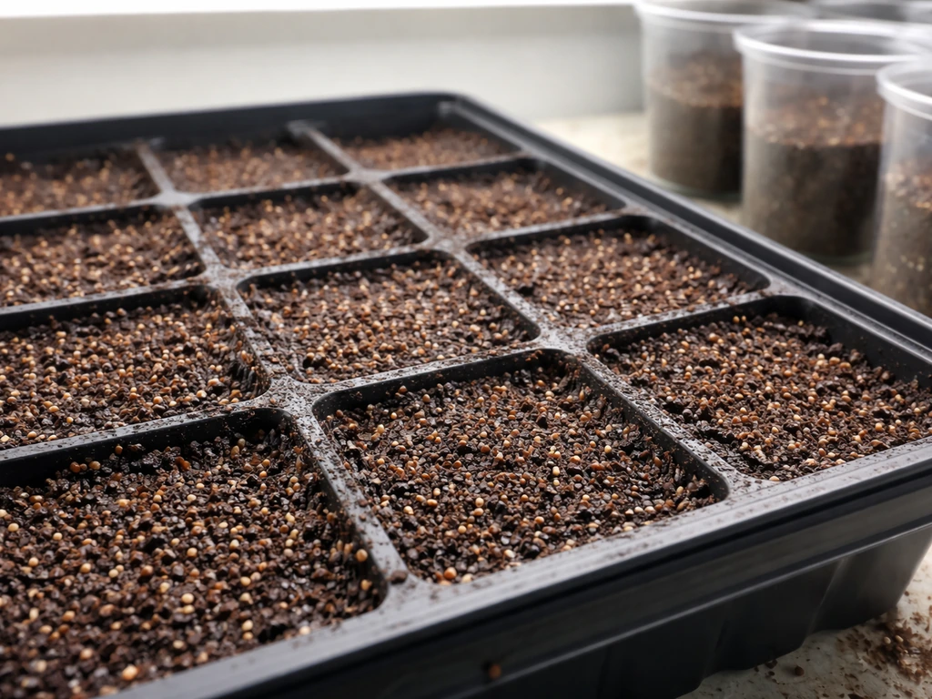 Tiny snapdragon seeds surface-sown on moist seed-starting mix under bright light.
