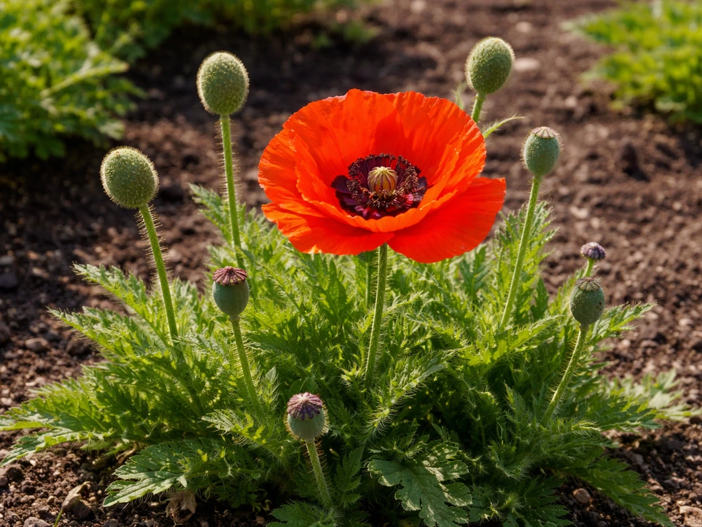 Close view of a red-orange poppy in bloom with nearby buds and a few seed pods in a garden bed.