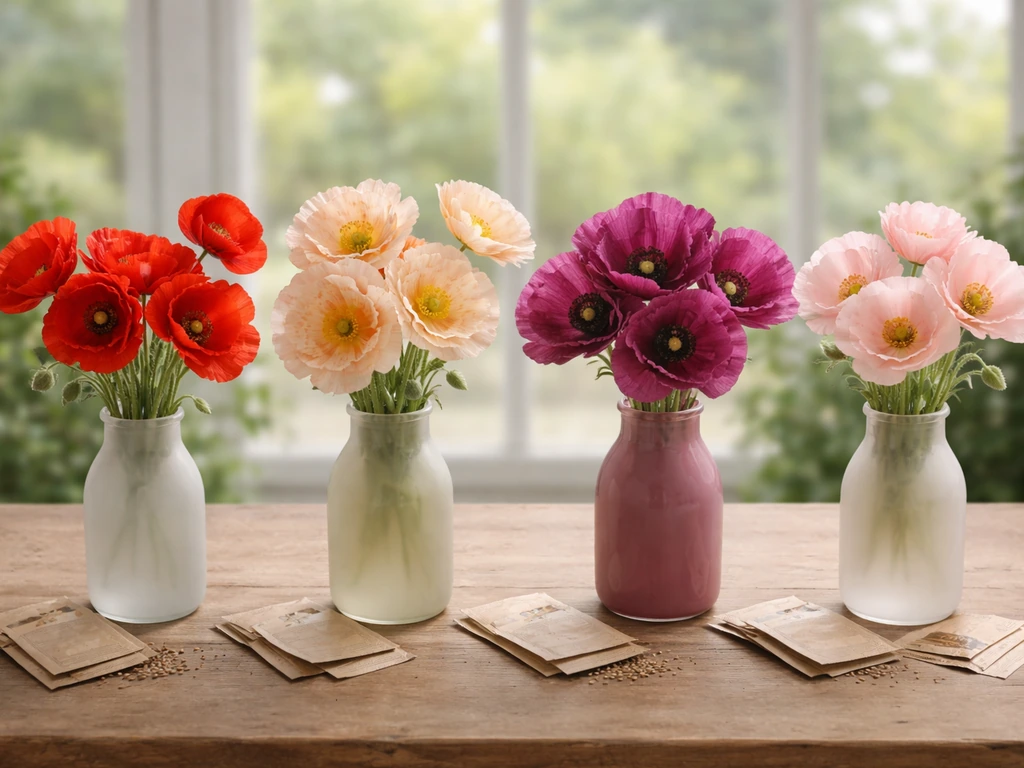 Four types of poppy flowers and unmarked seed packets on a wooden table in natural light.