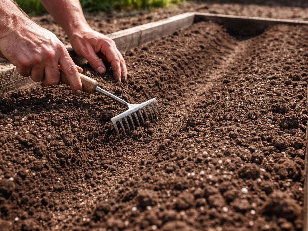 Close-up of a raked fine seedbed with hand-tilling and moist amended soil in full sun drainage-ready angle.